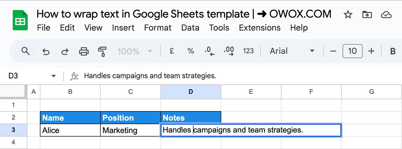 Google Sheets with cell D3 in edit mode and the cursor placed after the first word