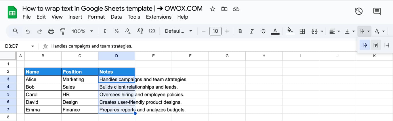 The toolbar of Google Sheets with the text wrapping button open, showing icons for Overflow, Wrap and Clip