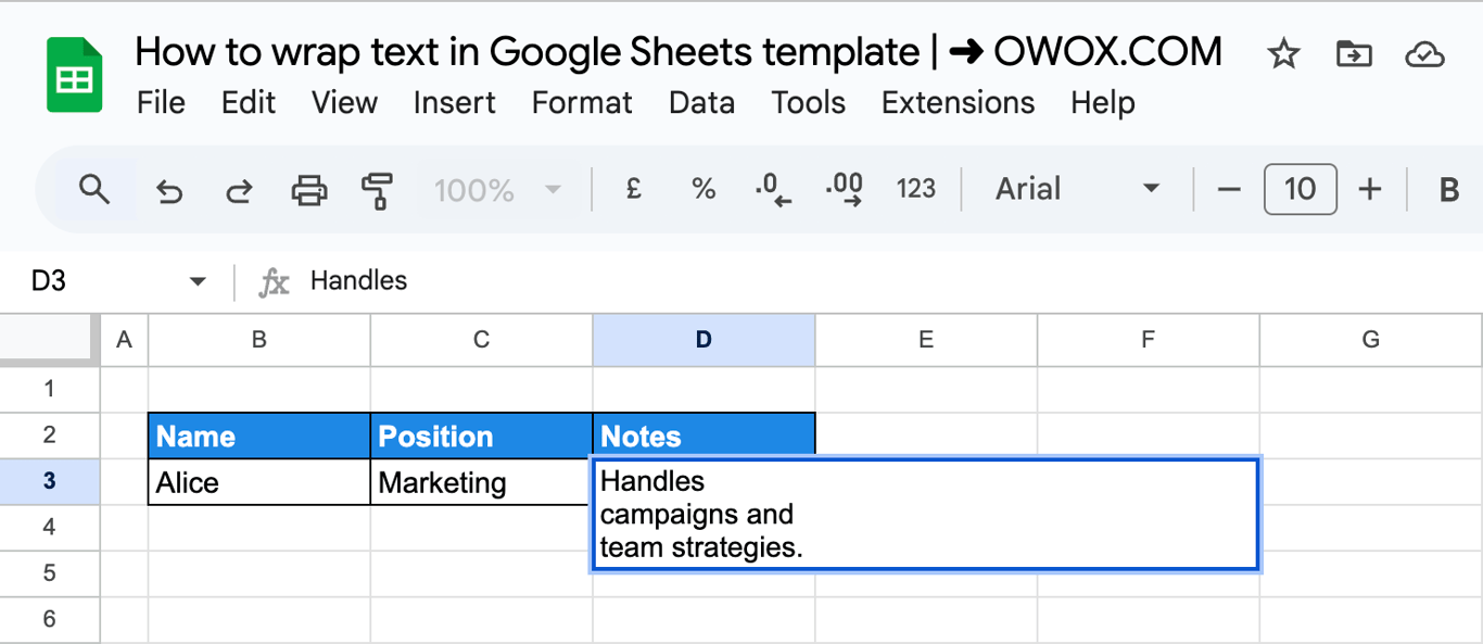 Google Sheets with cell D3 in edit mode showing the text on three lines after two line breaks were inserted