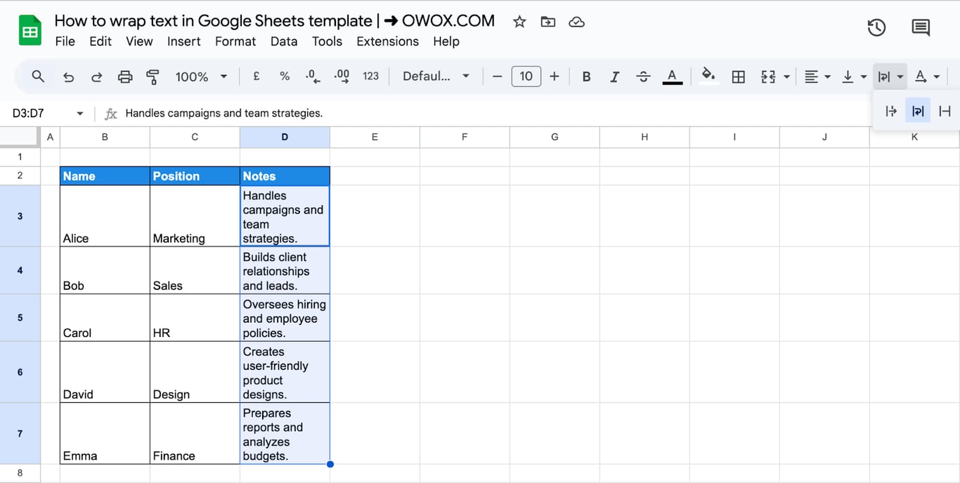 Google Sheets with the Wrap icon selected in the toolbar and the Notes column wrapped inside its cells