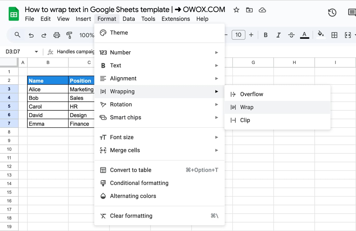 The Format menu of Google Sheets open on Wrapping, with the options Overflow, Wrap and Clip