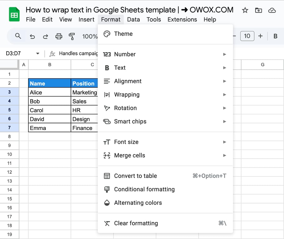The Format menu of Google Sheets with Number, Text, Alignment, Wrapping and Rotation among the items