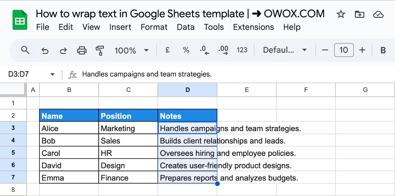 Google Sheets with the Notes column selected, its long text running over the neighbouring empty cells