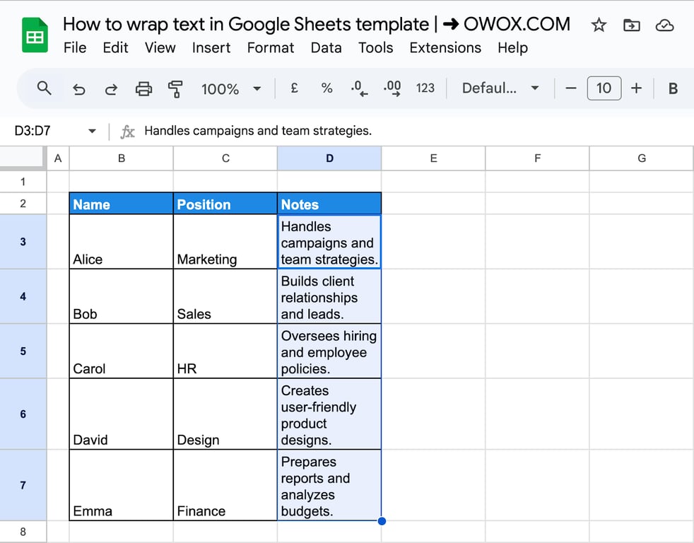 Google Sheets with the Notes column wrapped: each note is shown on several lines inside its cell and the rows are taller