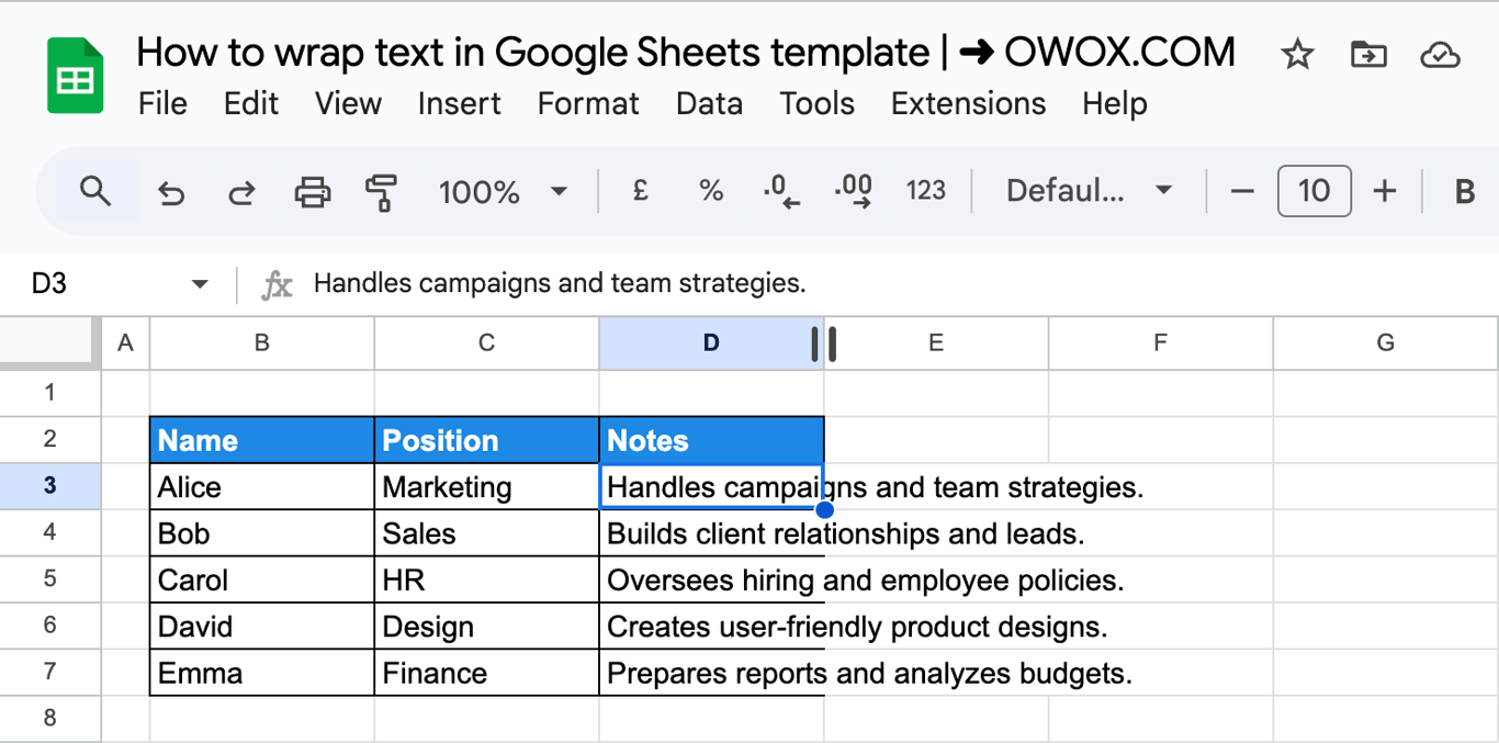 Google Sheets with the cursor on the border between the column letters D and E, ready to drag