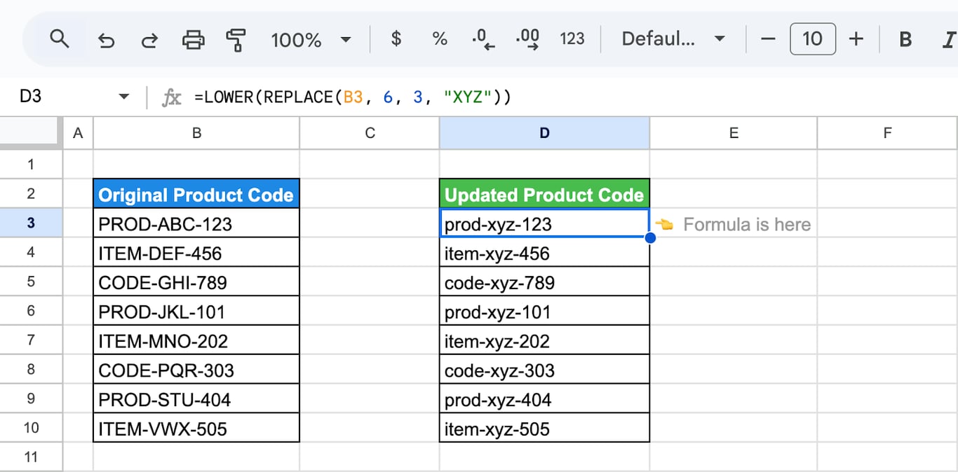 Google Sheets with product codes in column B and the formula =LOWER(REPLACE(B3, 6, 3, “XYZ”)) turning PROD-ABC-123 into prod-xyz-123