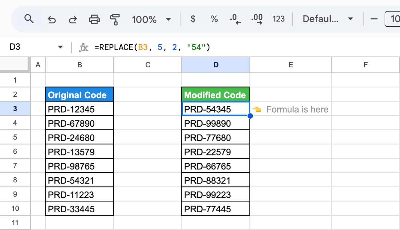 Google Sheets with product codes in column B and the formula =REPLACE(B3, 5, 2, “54”) turning PRD-12345 into PRD-54345