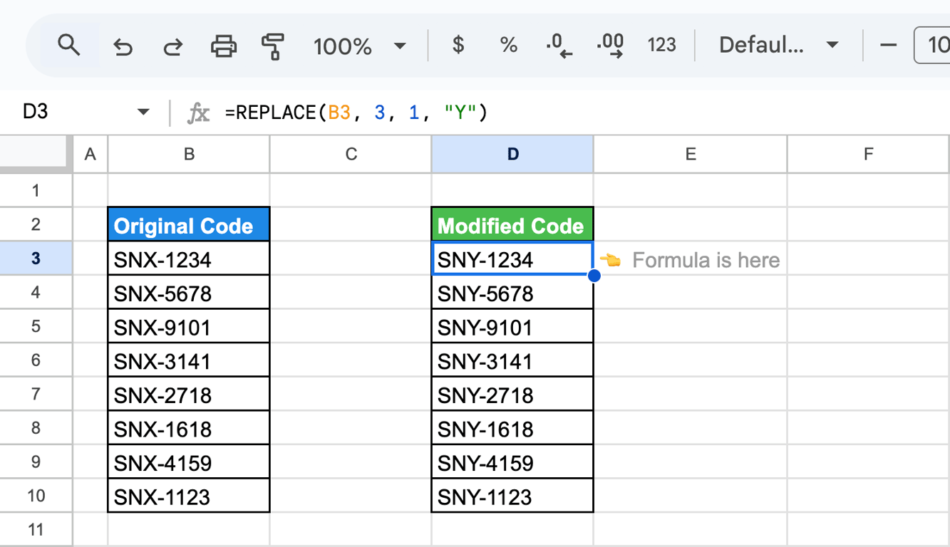 Google Sheets with item codes in column B and the formula =REPLACE(B3, 3, 1, “Y”) turning SNX-1234 into SNY-1234