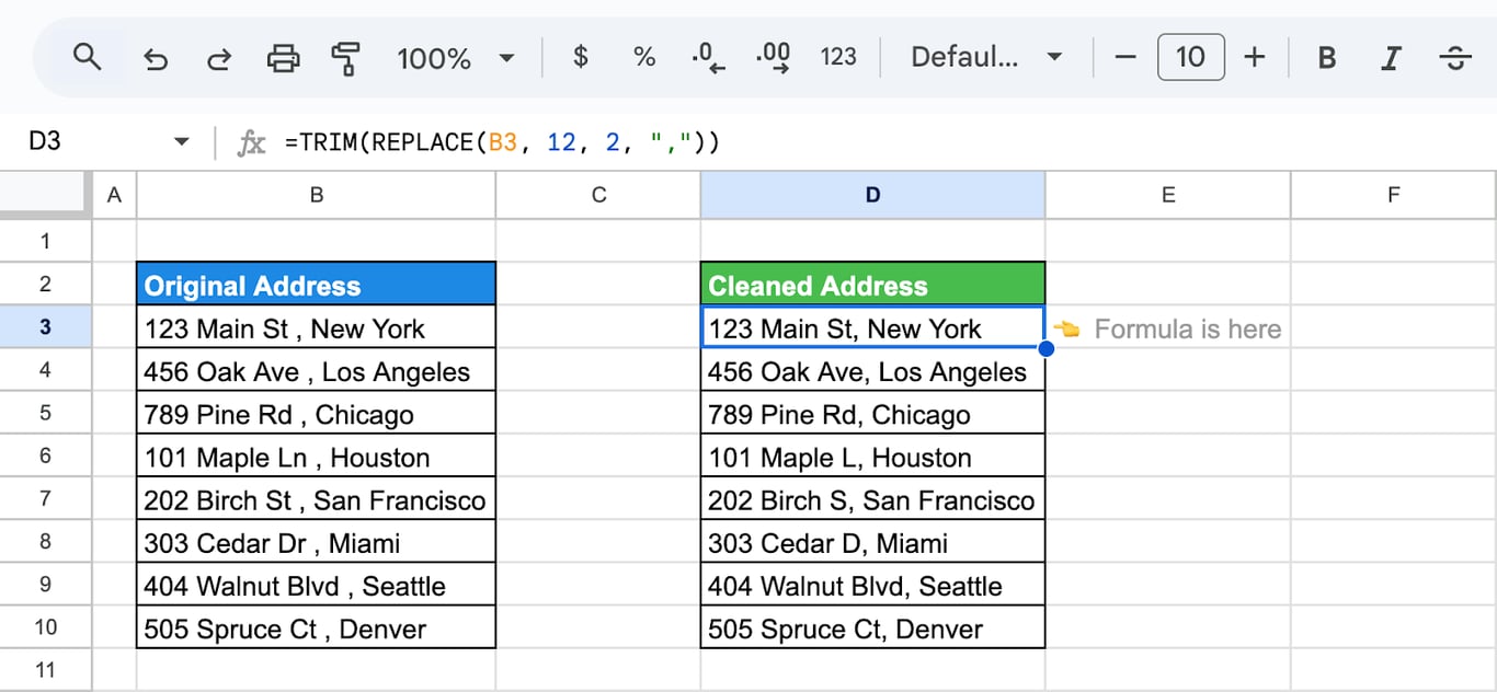 Google Sheets with addresses that have a space before the comma and the formula =TRIM(REPLACE(B3, 12, 2, “,”)); the first three rows are fixed, while 101 Maple Ln becomes 101 Maple L