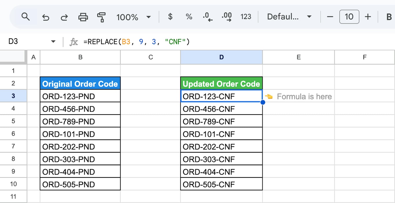 Google Sheets with order codes in column B and the formula =REPLACE(B3, 9, 3, “CNF”) turning ORD-123-PND into ORD-123-CNF