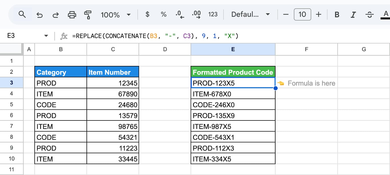 Google Sheets with a category in column B and an item number in column C and a formula that joins them and replaces the ninth character with X, returning PROD-123X5