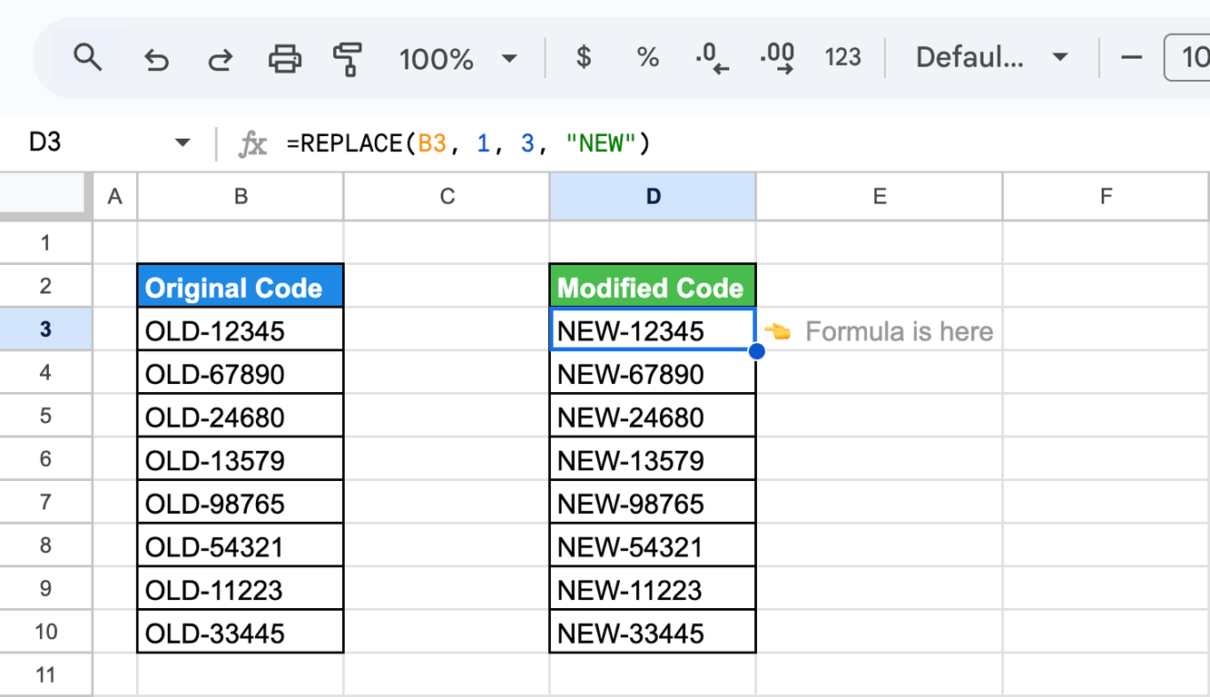 Google Sheets with codes that start with OLD in column B and the formula =REPLACE(B3, 1, 3, “NEW”) turning OLD-12345 into NEW-12345