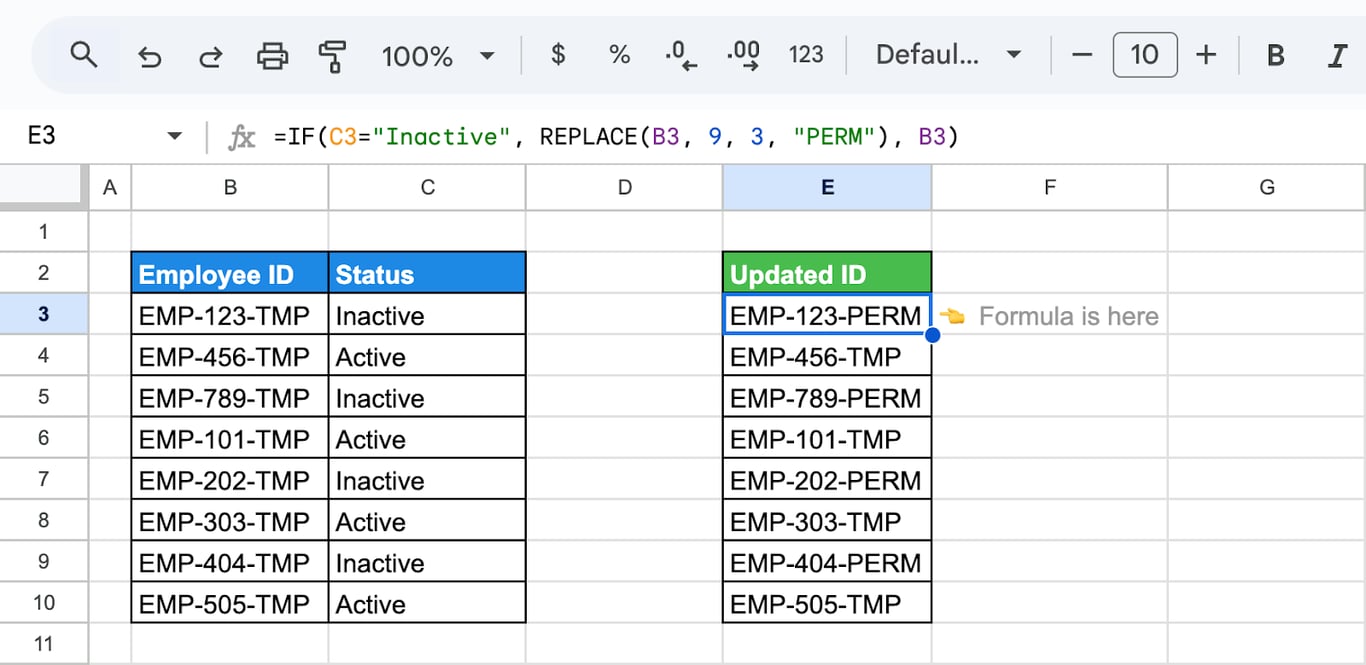Google Sheets with employee IDs in column B and statuses in column C and an IF formula that turns EMP-123-TMP into EMP-123-PERM for inactive employees only