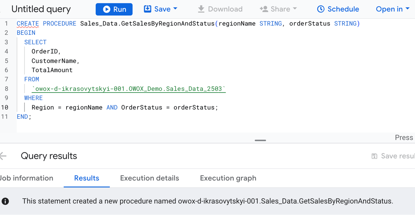 SQL stored procedure in BigQuery for retrieving sales data based on region and order status using two input parameters.