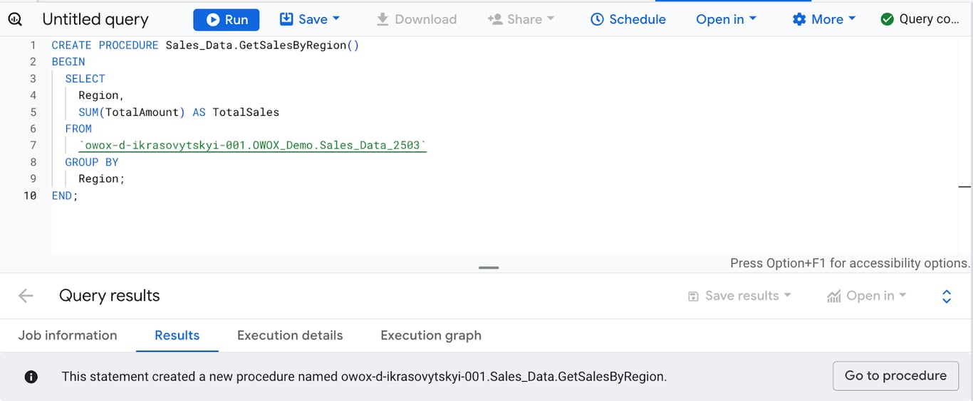 Creation of a stored procedure in BigQuery to calculate total sales grouped by region using the Sales_Data.