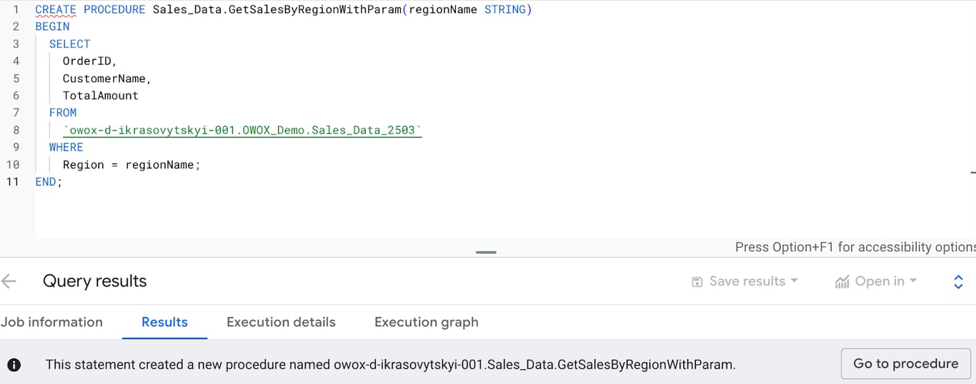 BigQuery stored procedure example to filter sales data by region using the Sales_Data and a parameter for region.
