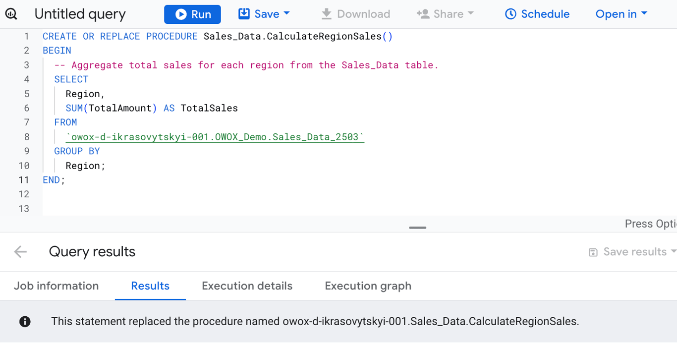 SQL code example for creating a stored procedure in BigQuery to calculate total sales by region using the Sales_Data.‍