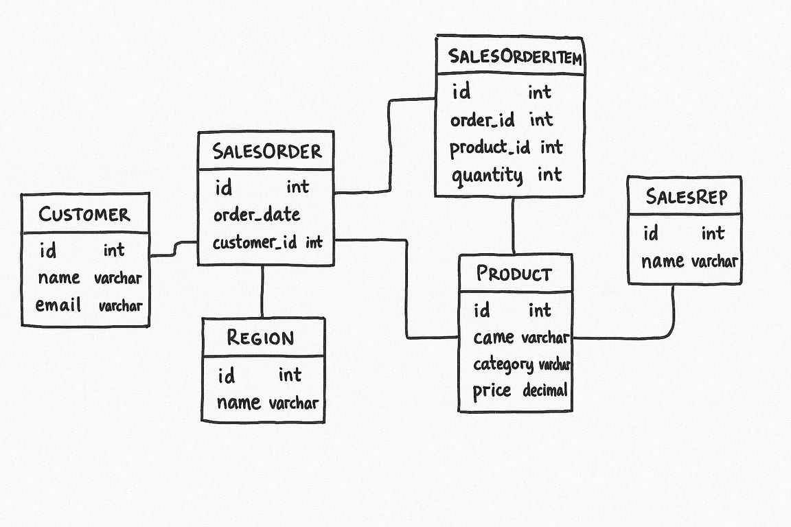 Hand-drawn conceptual data model of a sales process: Customer, SalesOrder, SalesOrderItem, Product, Region and SalesRep with lines between them.