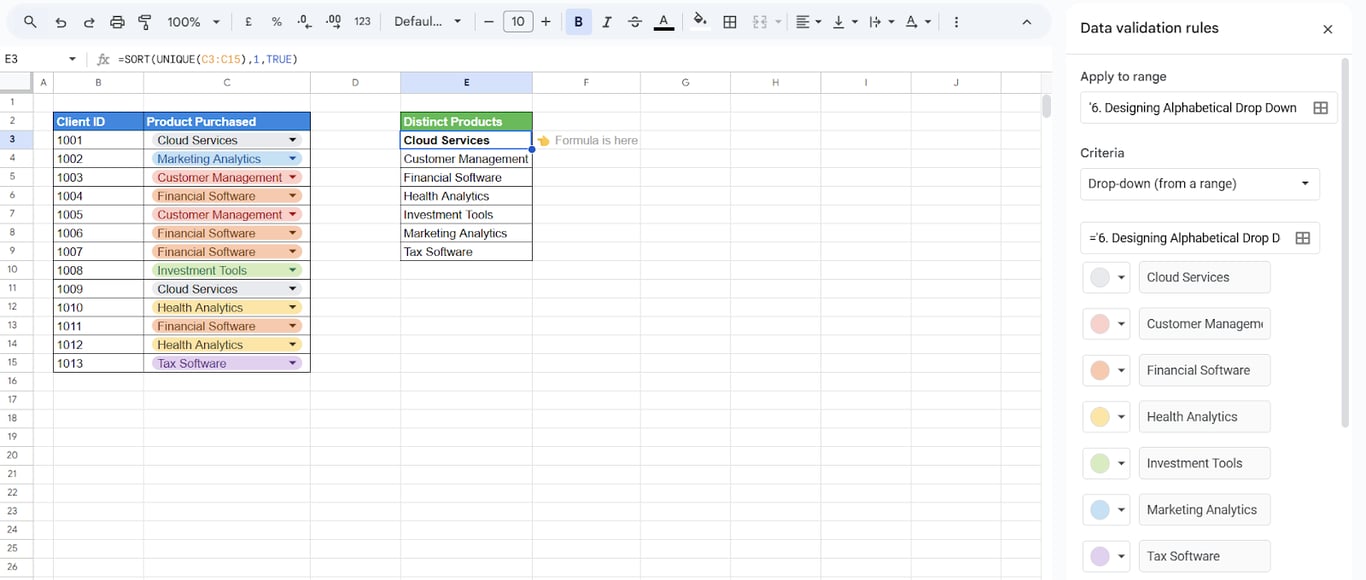 Refined design for alphabetical drop-down menus with the UNIQUE function in Google Sheets.