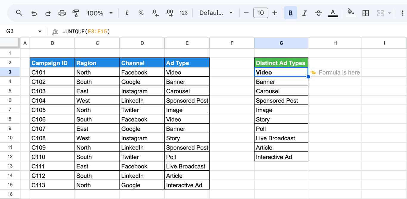 Unique values extracted from a dataset using the UNIQUE function in Google Sheets.