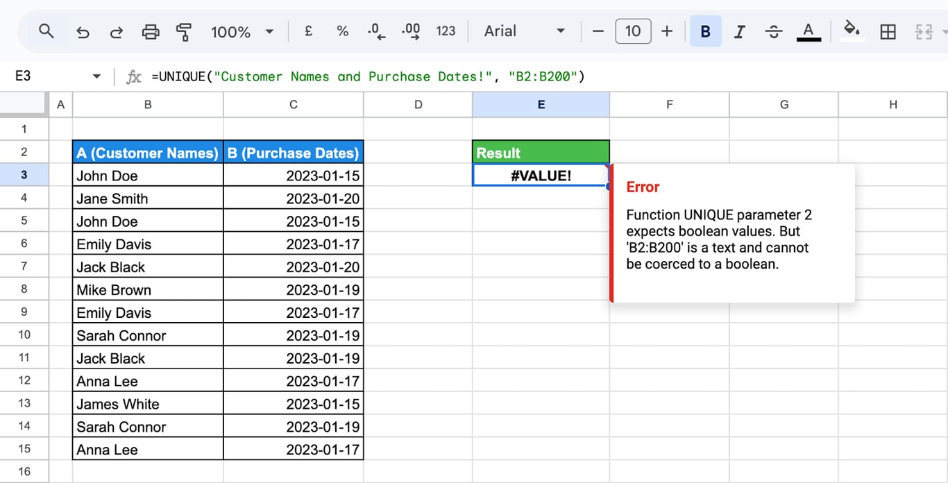 Troubleshooting the #VALUE! error encountered with the UNIQUE function in Google Sheets.