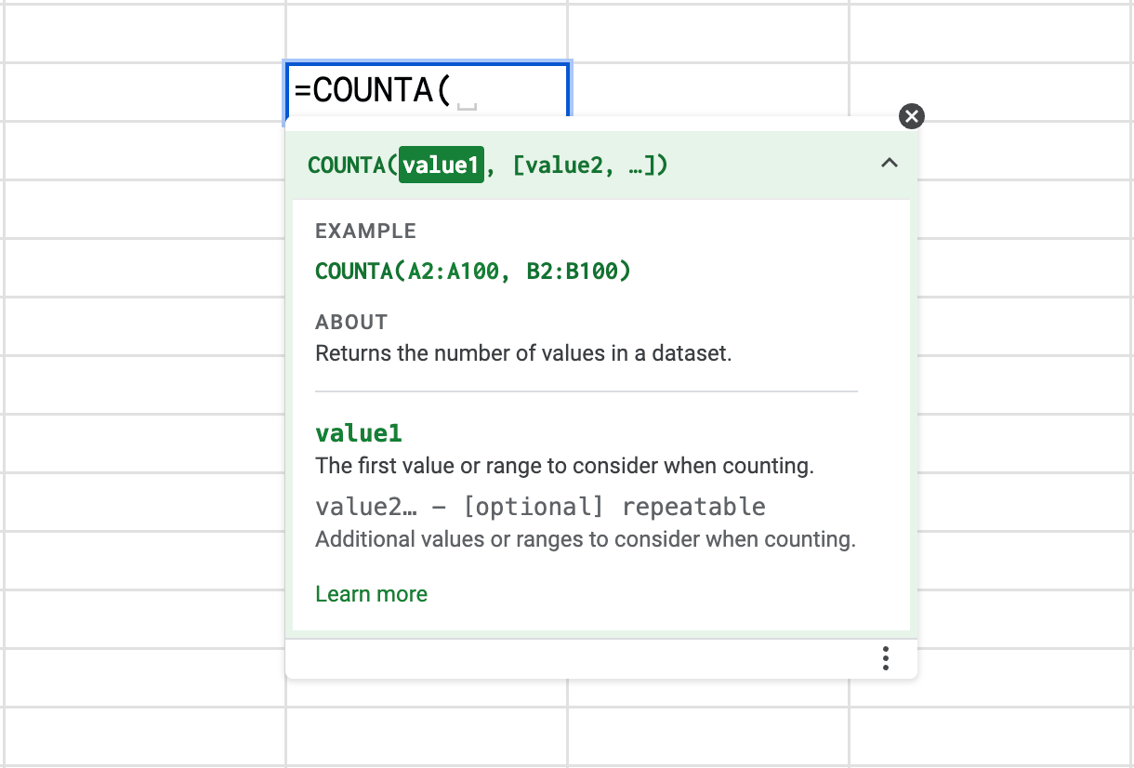 COUNTA Syntax being displayed in Google Sheets.