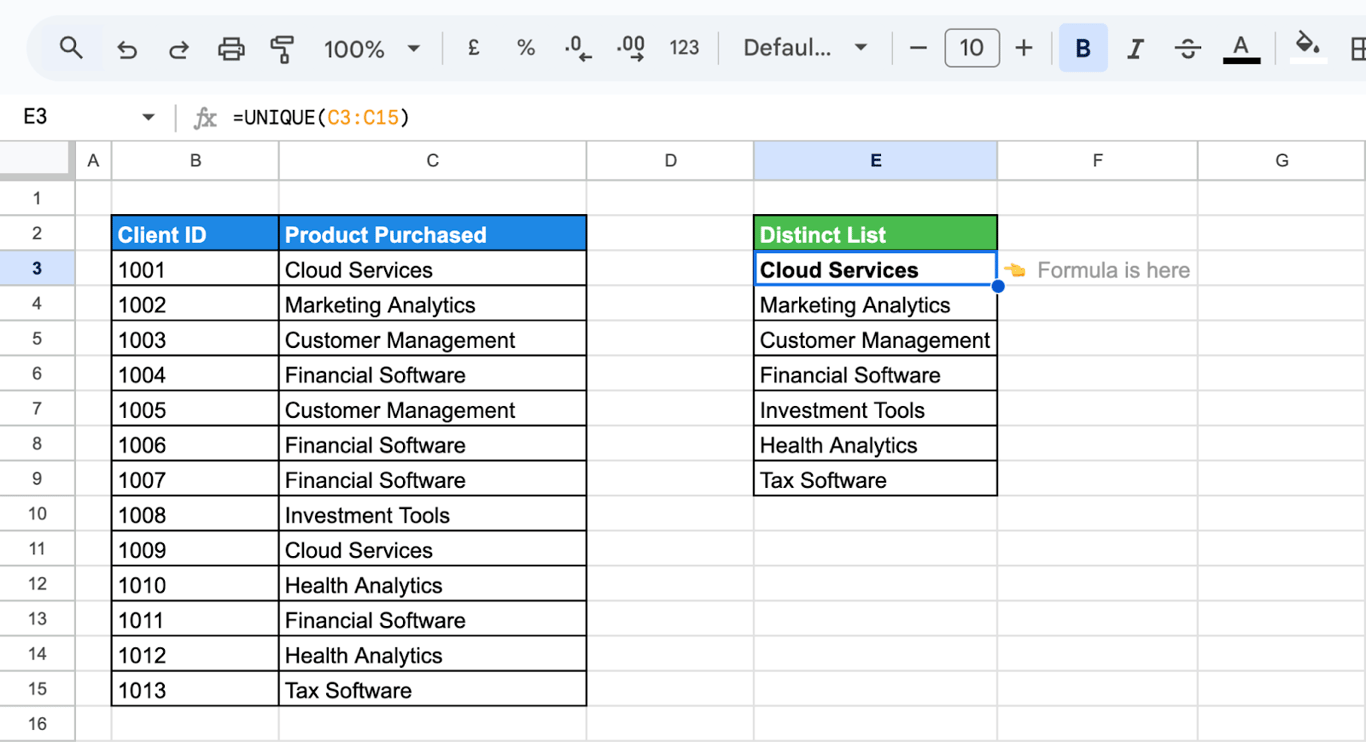 Creating drop-down menus based on unique values in a list using the UNIQUE function in Google Sheets.