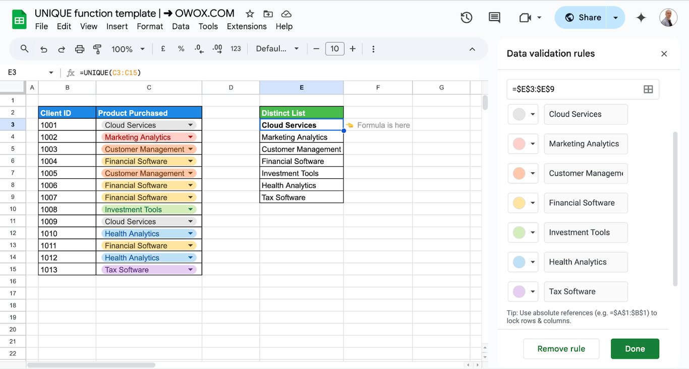 Alternative method for designing drop-down menus using the UNIQUE function in Google Sheets.