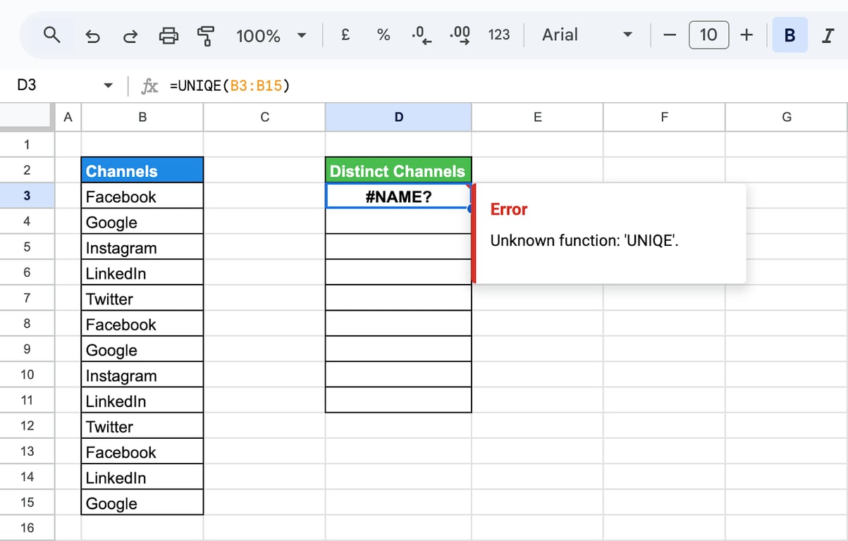 Understanding and fixing the #NAME? error in the UNIQUE function in Google Sheets.