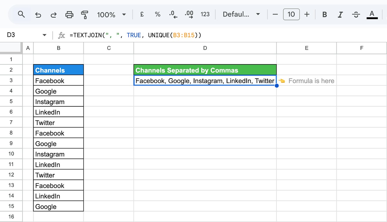 Combining the UNIQUE function and Google Sheets TEXTJOIN for advanced data manipulation.