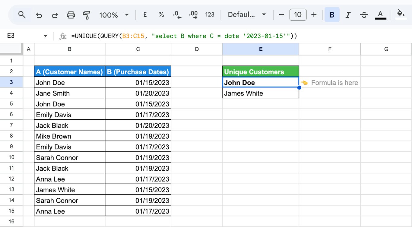 Filtering distinct values in Google Sheets using the QUERY function combined with UNIQUE to display only non-repeating rows.