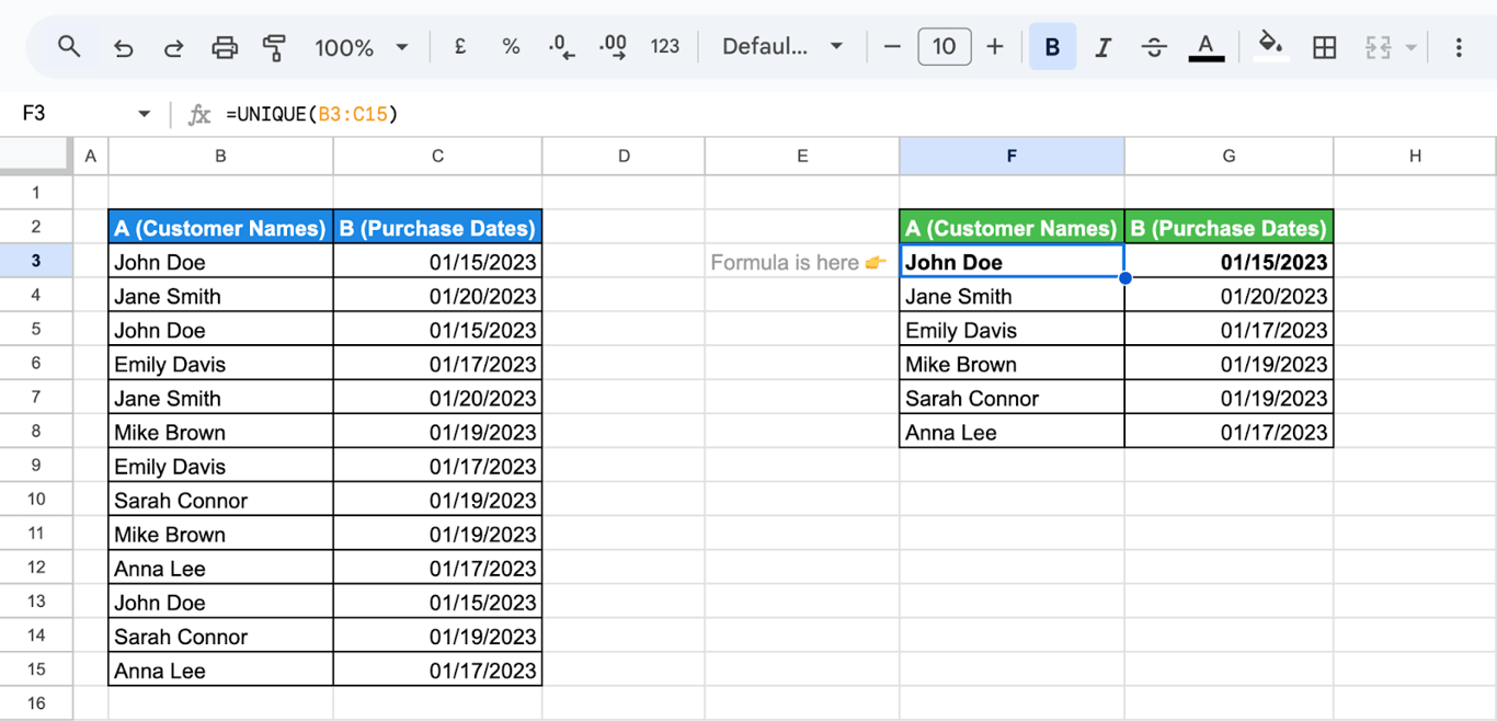 Using the UNIQUE function in Google Sheets to find distinct values across multiple columns.