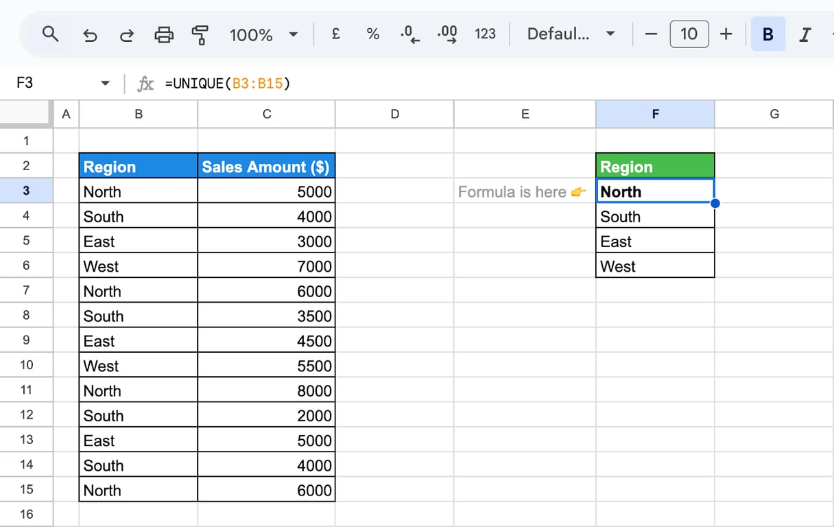 Summing unique values by combining the UNIQUE function with SUMIF in Google Sheets.
