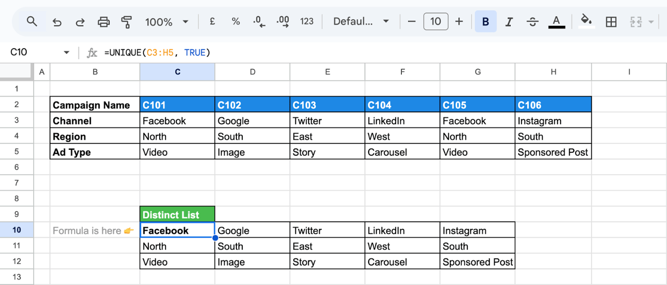 Extracting unique values from horizontal data using the UNIQUE function in Google Sheets.