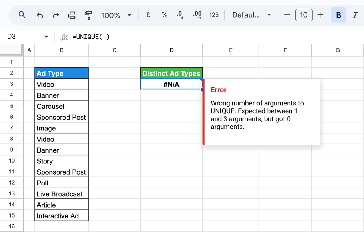 Steps to resolve the #N/A error in the UNIQUE function in Google Sheets.