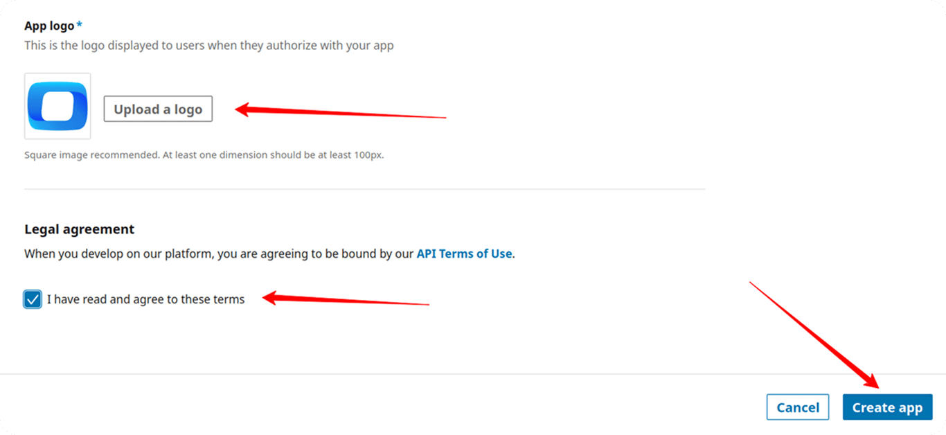 App creation screen in LinkedIn Developer portal with logo upload, legal agreement checkbox, and “Create app” button highlighted.
