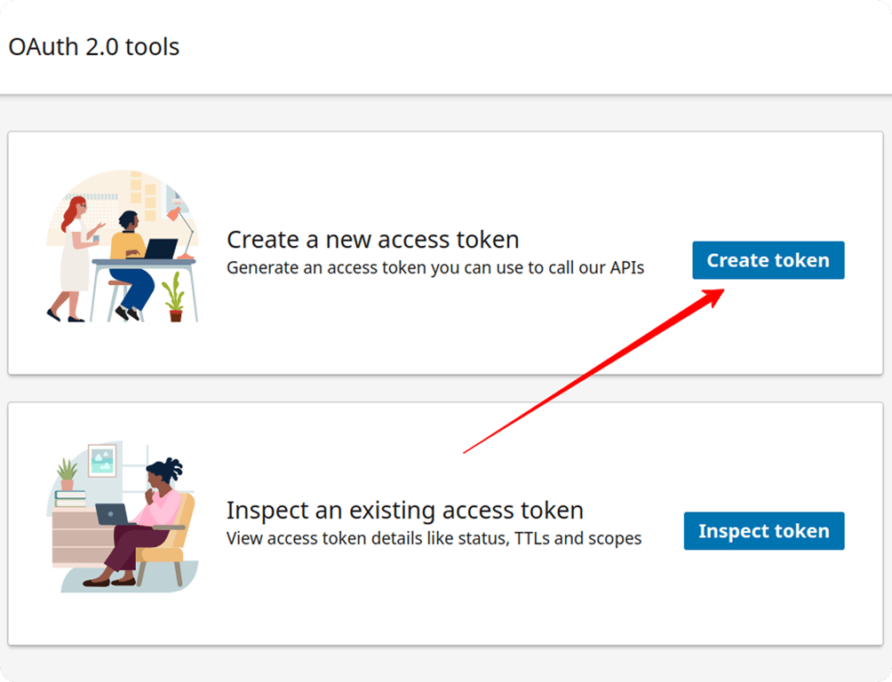OAuth 2.0 tools screen in LinkedIn Developer portal with “Create token” button highlighted.