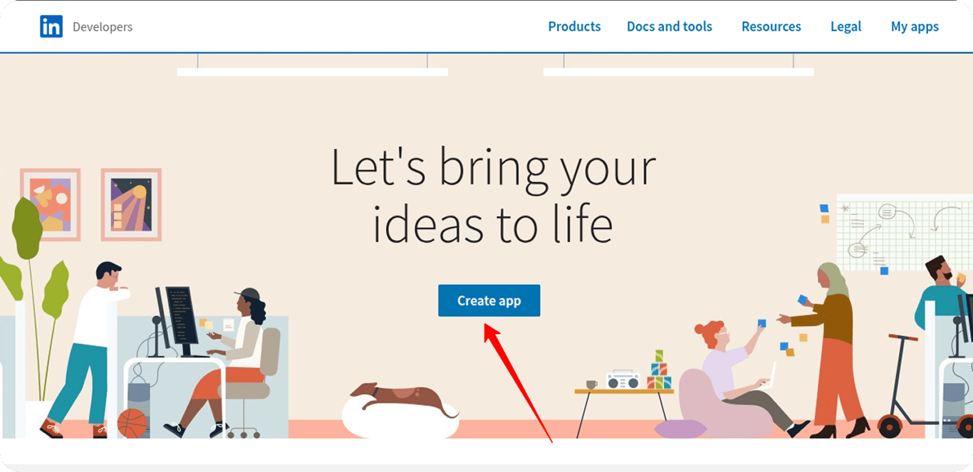LinkedIn Developer portal showing the “Create app” button on the welcome screen.