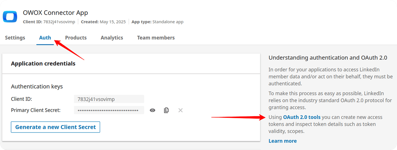 LinkedIn Developer Auth tab with “OAuth 2.0 tools” link and “Generate a new Client Secret” option.