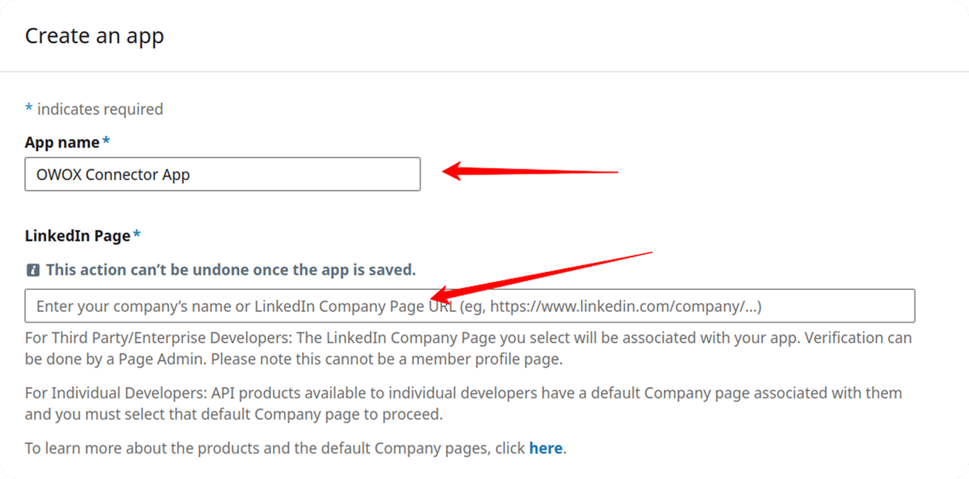 Form fields in the LinkedIn Developer portal to input App name and LinkedIn Company Page URL.