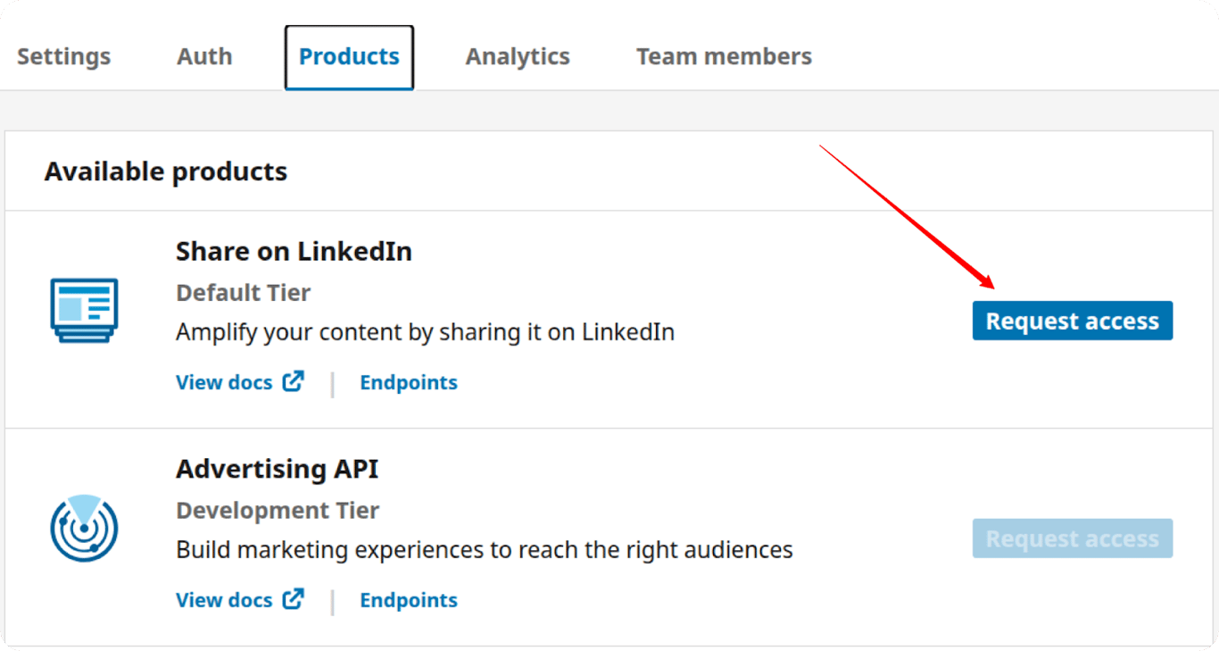 LinkedIn Developer Portal showing the “Share on LinkedIn” product with a “Request access” button.