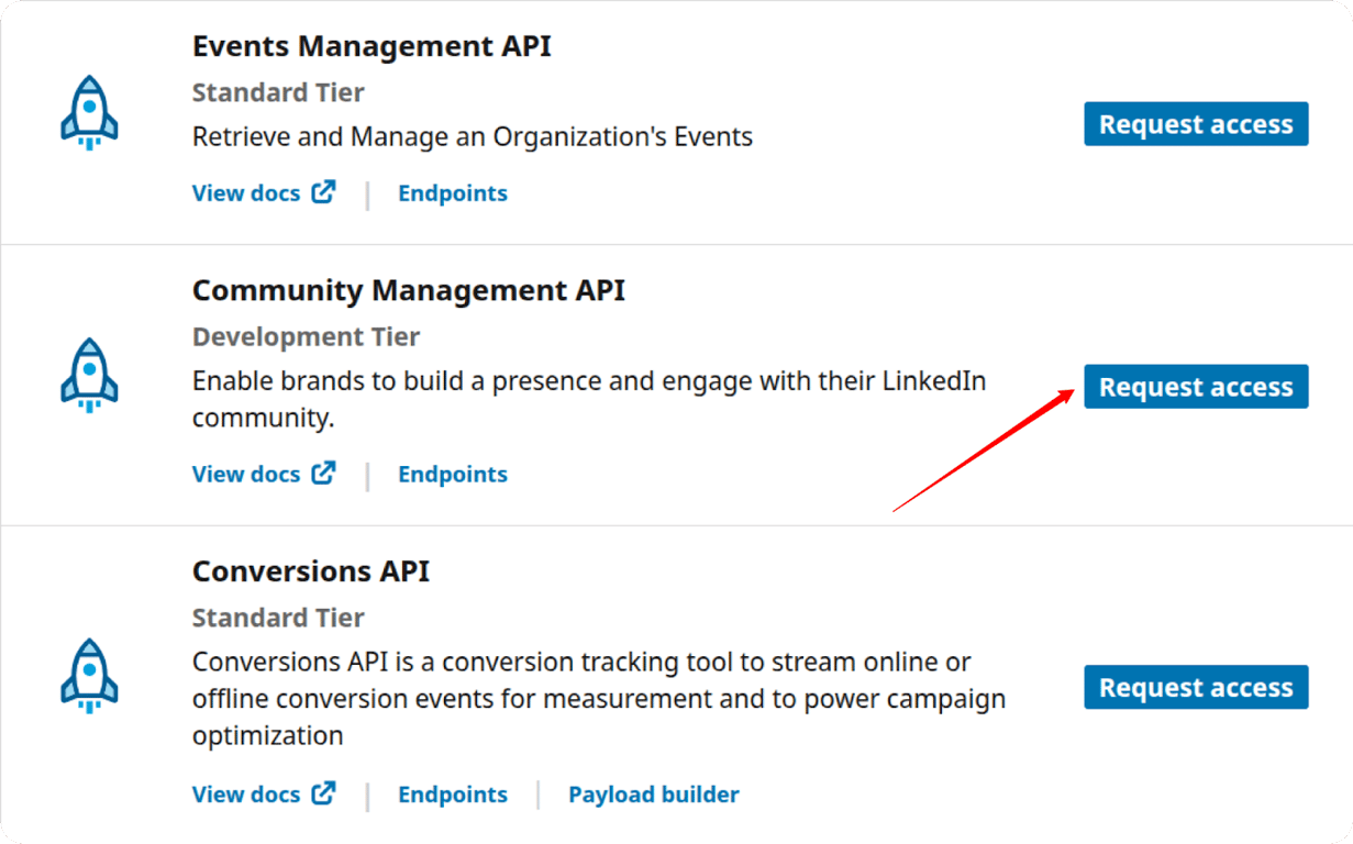 LinkedIn Developer Portal displaying the “Community Management API” section.