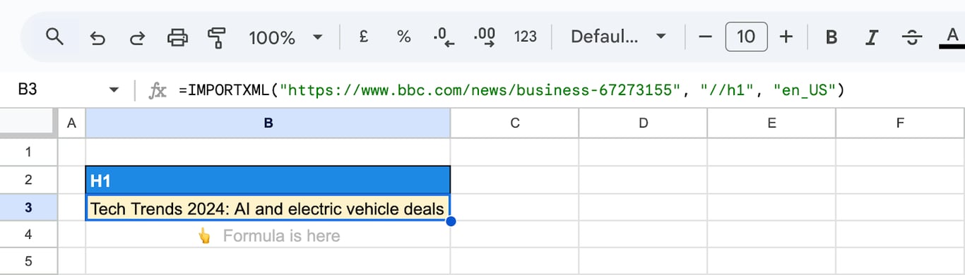 Google Sheets with an IMPORTXML formula that returns the h1 heading of a news article