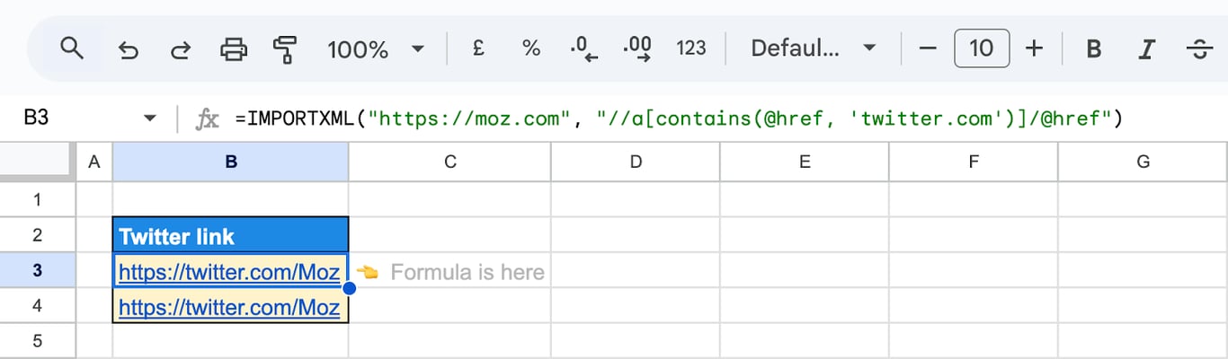 Google Sheets with an IMPORTXML formula returning the links of a page that contain twitter.com