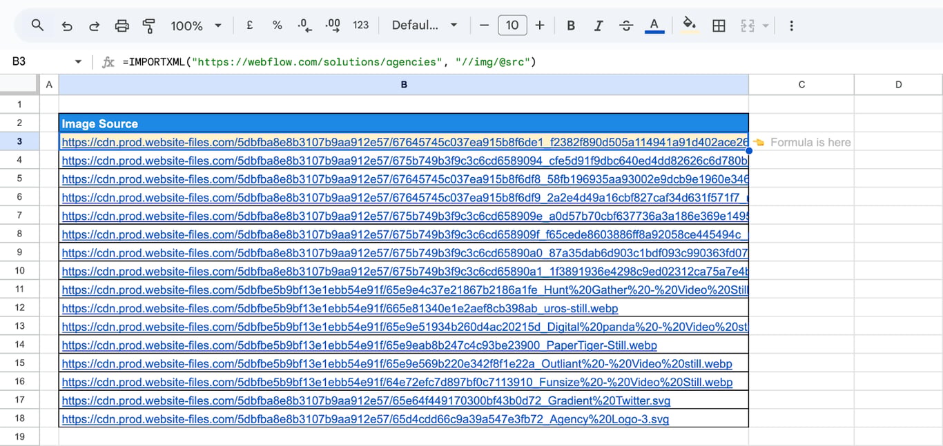 Google Sheets with an IMPORTXML formula returning a column of image addresses from a page