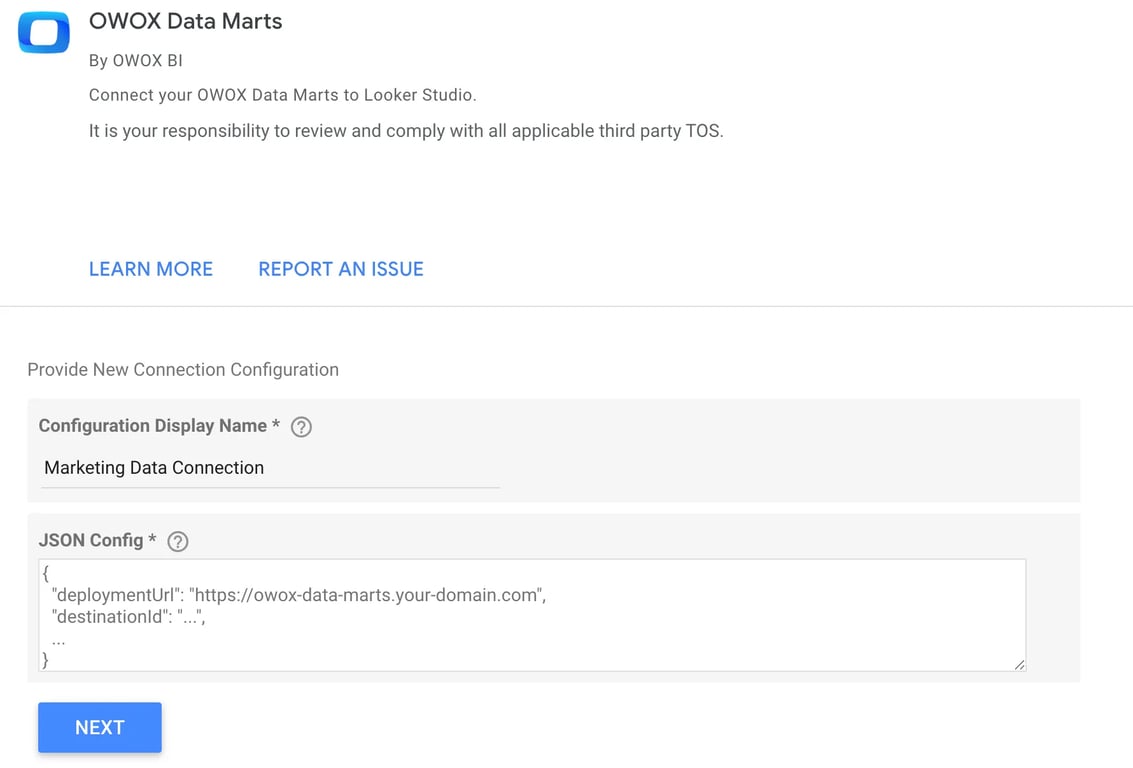 Looker Studio interface showing the configuration screen to connect OWOX Data Marts using a JSON Config with deployment URL and destination ID.