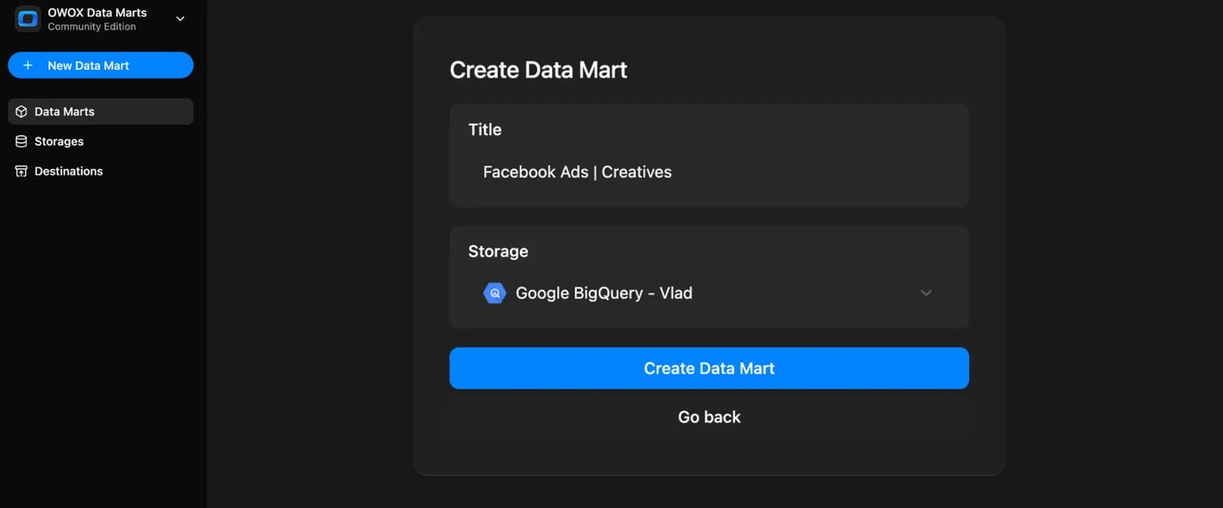Interface showing how to create a new Data Mart in OWOX using Google BigQuery as the selected storage.