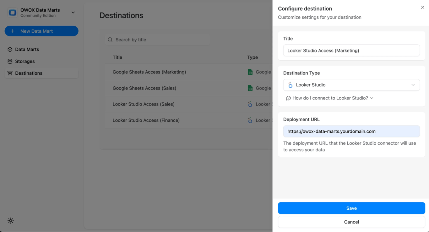 Destination setup in OWOX Data Marts with “Looker Studio” selected as the destination type and a custom deployment URL entered to connect Looker Studio with the OWOX server.
