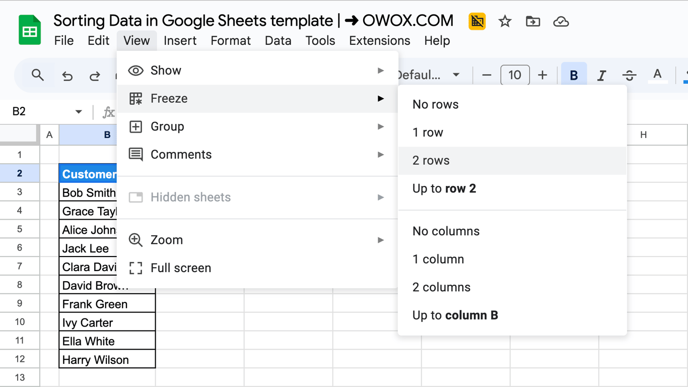 Google Sheets with the View menu open on Freeze and its options: No rows, 1 row, 2 rows, Up to row 2