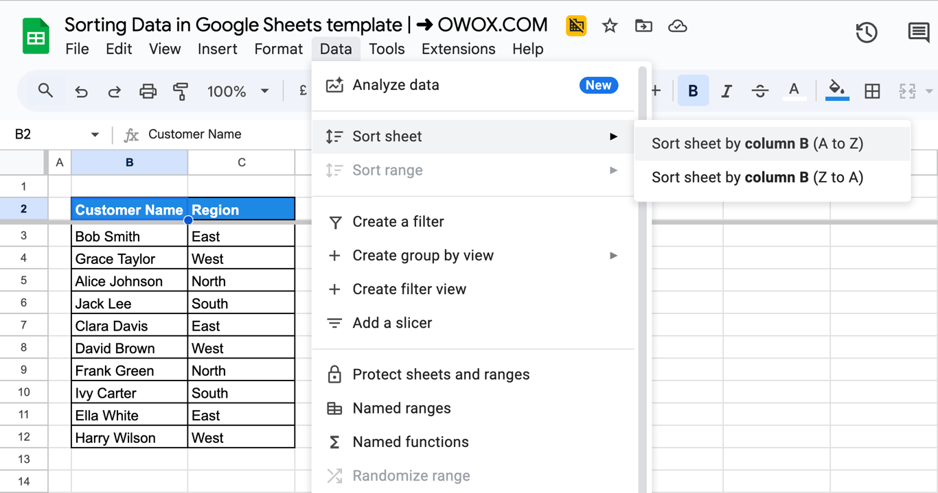 Google Sheets with the Data menu open on Sort sheet, offering Sort sheet by column B (A to Z) and Sort sheet by column B (Z to A)